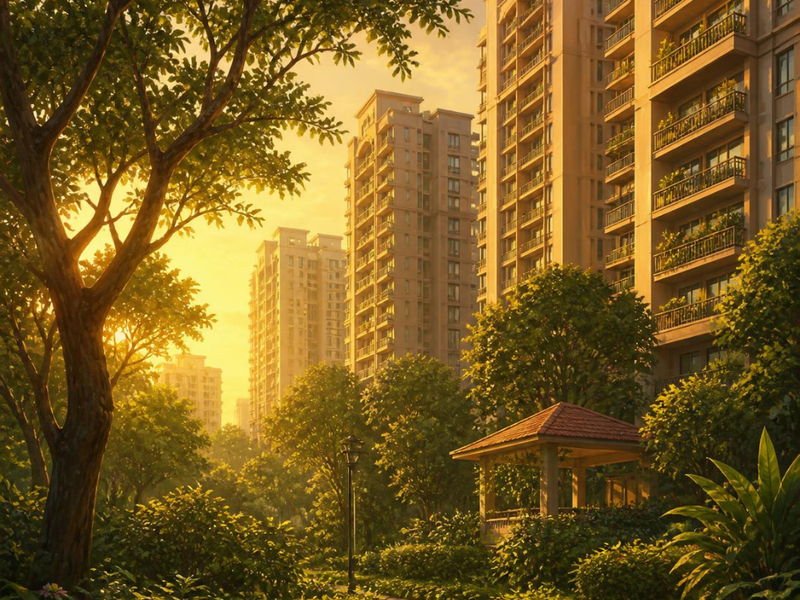 Landscaped walkway and garden pavilion at golden hour