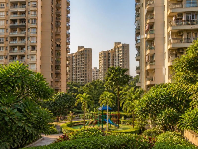 Children's play area in a landscaped courtyard between towers