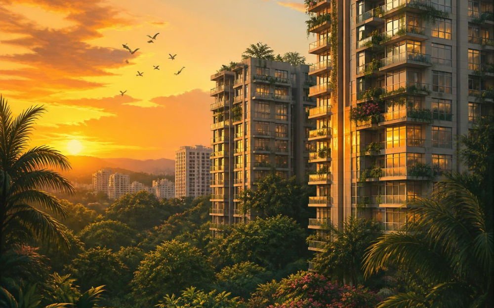 Residential towers amid landscaped greenery at sunset